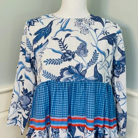 Ro’s Garden Floral Tiered Mini Dress Rene Tiffany Blue XS - Picture 4 of 12